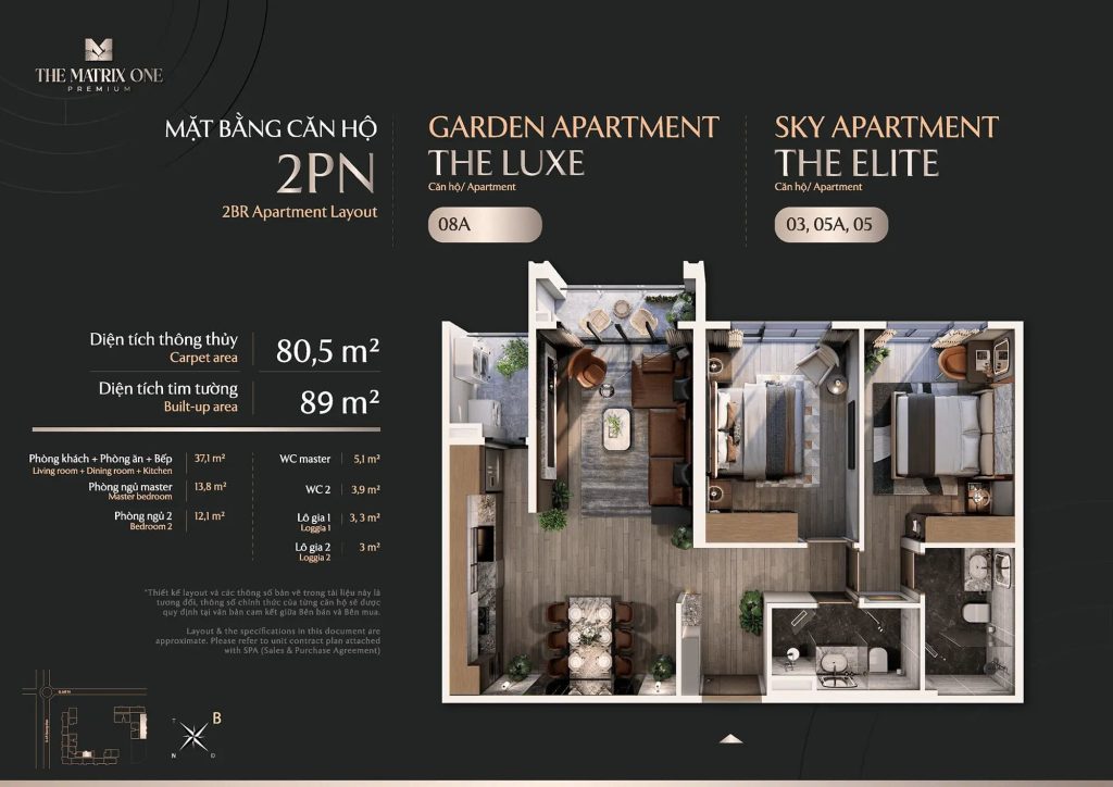 Căn hộ nhỏ đẹp “nhỏ mà có võ” tại Vinhomes Nguyễn Trãi 3 Layout căn 2PN - The Luxe (08A), The Elite (03, 05A, 05)