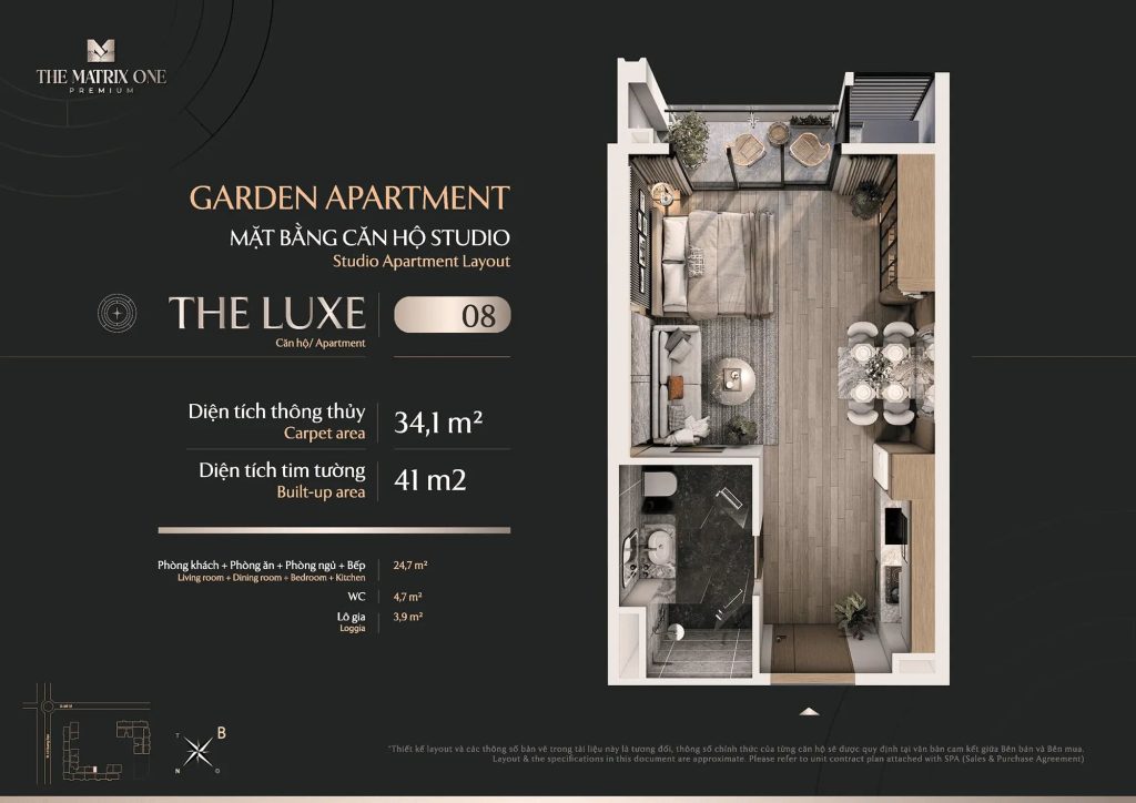 Căn hộ nhỏ đẹp “nhỏ mà có võ” tại Vinhomes Nguyễn Trãi 4 Layout căn Studio/1PN - The Luxe