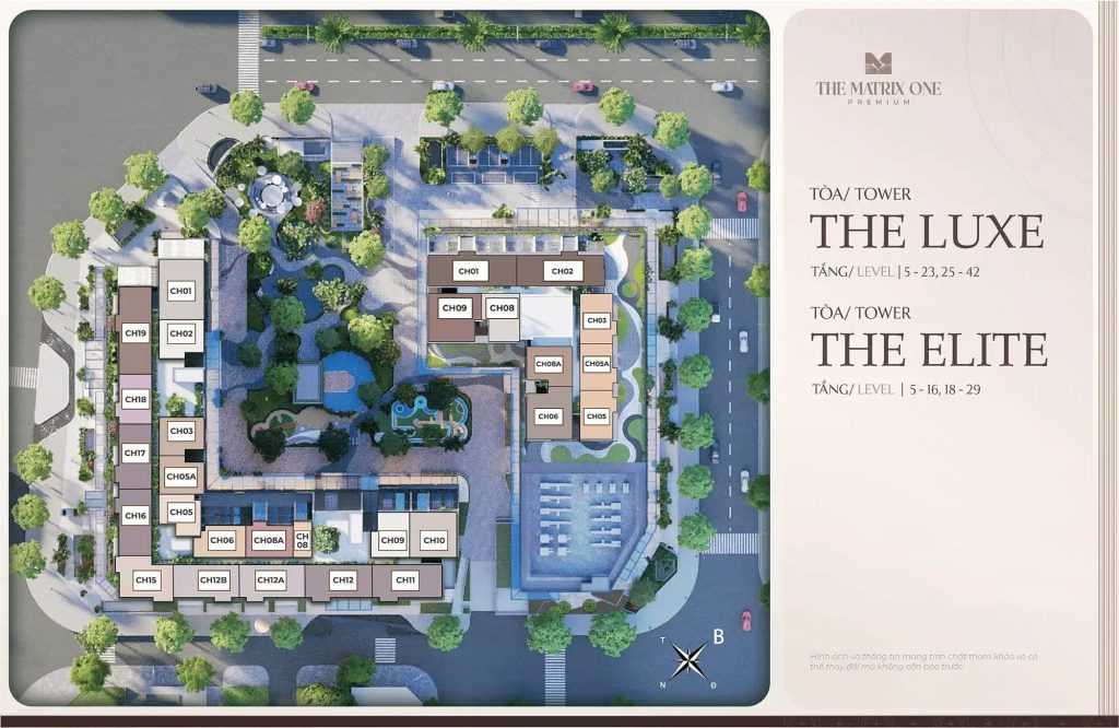 Chung cư Vinhomes Nguyễn Trãi - Định nghĩa về sống thượng lưu tại Hà Nội 4 Hình ảnh mặt bằng Vinhomes Nguyễn Trãi, hiển thị bố trí các căn hộ (CH01 đến CH18) trong hai phân khu The Luxe và The Elite, bao quanh bởi cây xanh, hồ bơi và khu vực tiện ích, với bản đồ định hướng phía dưới.