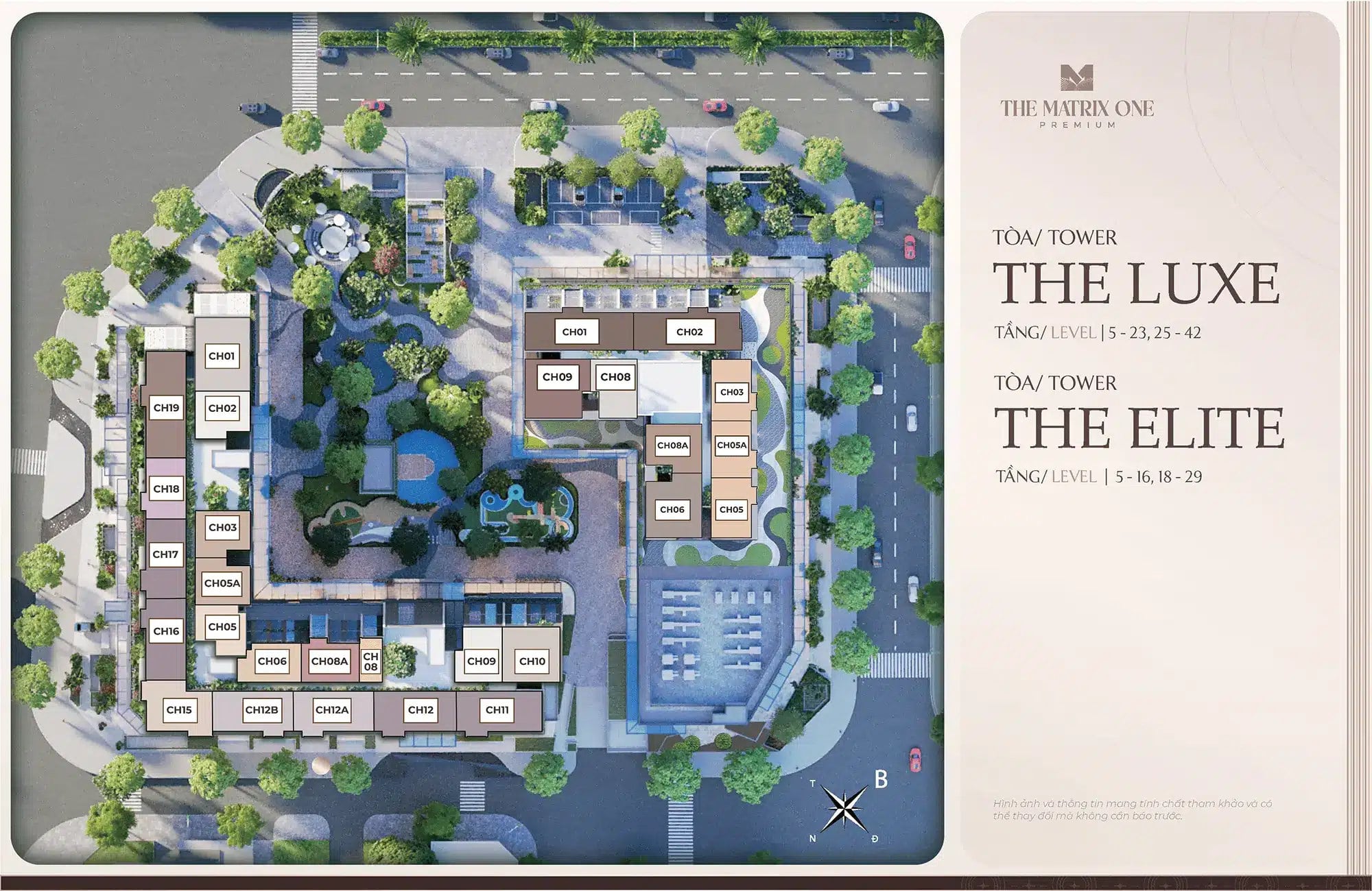 Vinhomes Nguyễn Trãi - Dự Án Bất Động Sản Xanh Đẹp Nhất Hà Nội 2 Hình ảnh mặt bằng Vinhomes Nguyễn Trãi, hiển thị bố trí các căn hộ (CH01 đến CH18) trong hai phân khu The Luxe và The Elite, bao quanh bởi cây xanh, hồ bơi và khu vực tiện ích, với bản đồ định hướng phía dưới.