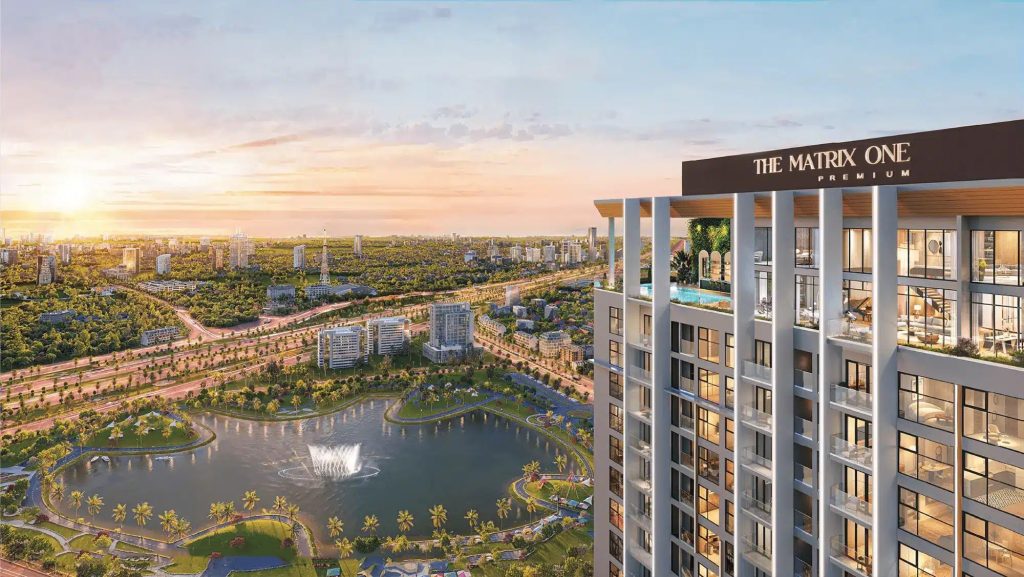 Cơ hội đầu tư tại dự án Vinhomes Nguyễn Trãi 2 Toàn cảnh từ trên cao nhìn ra công viên và hồ điều hòa tại dự án Vinhomes Nguyễn Trãi, với ánh nắng bình minh chiếu rọi và thiết kế kiến trúc hiện đại của tòa nhà căn hộ cao tầng.